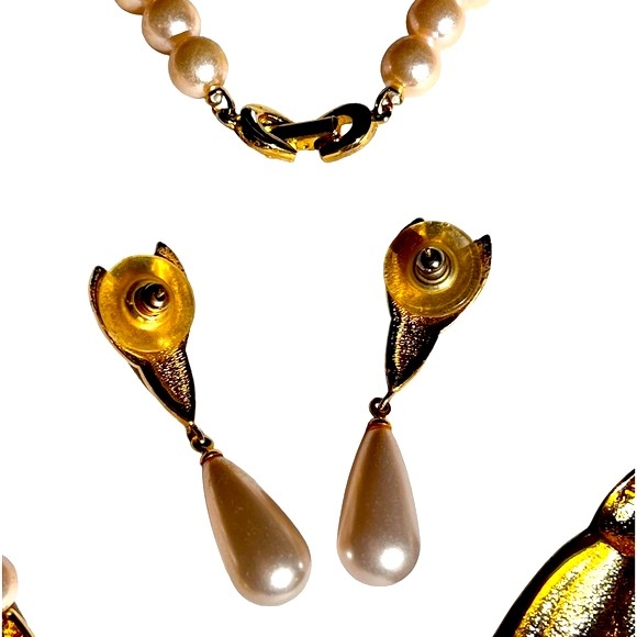 Vintage Faux Pink Pearls 3 Strand Necklace Earrings Set Art Nouveau Style - Picture 7 of 13